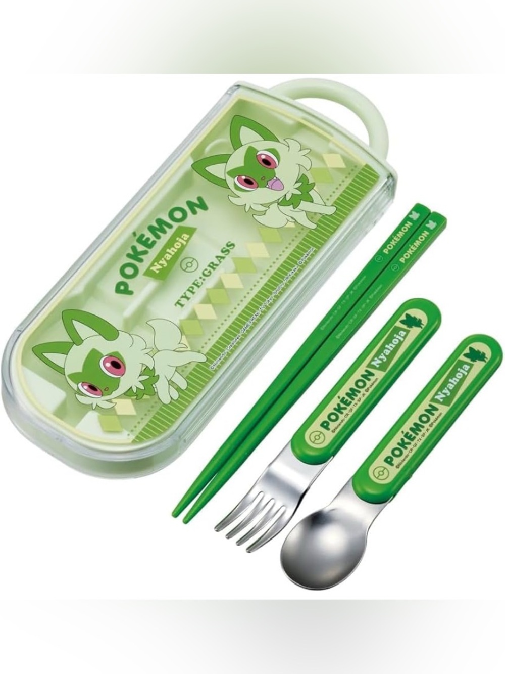 BNIB Japan Skater Pokemon Sprigatito Cutlery Set Chopsticks Spoon Fork with Case